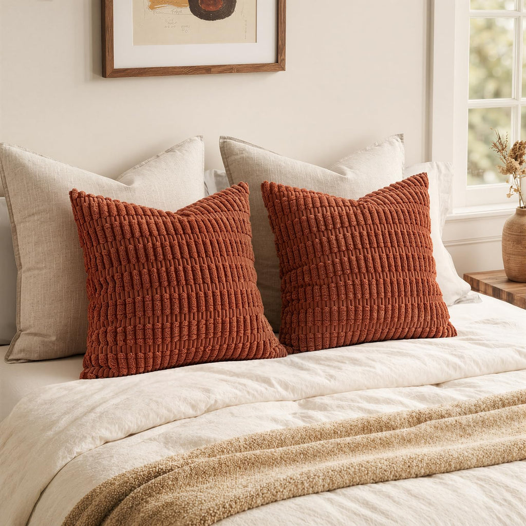 Fall Corduroy Decorative Throw Pillow Covers 16x16 Rust Pack of 2