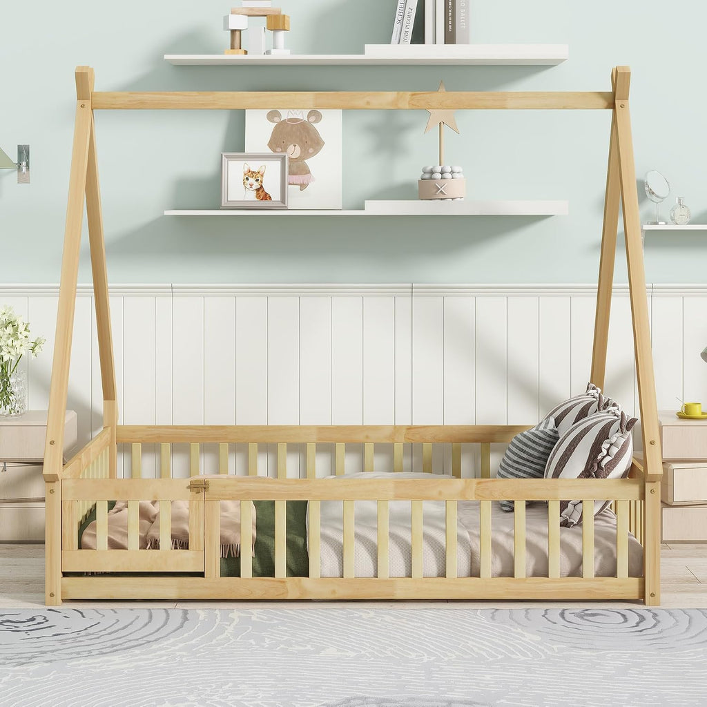 Tent Floor Bed for Kids, Montessori Floor Bed with Door and Guardrails, Teepee Bed for Girls