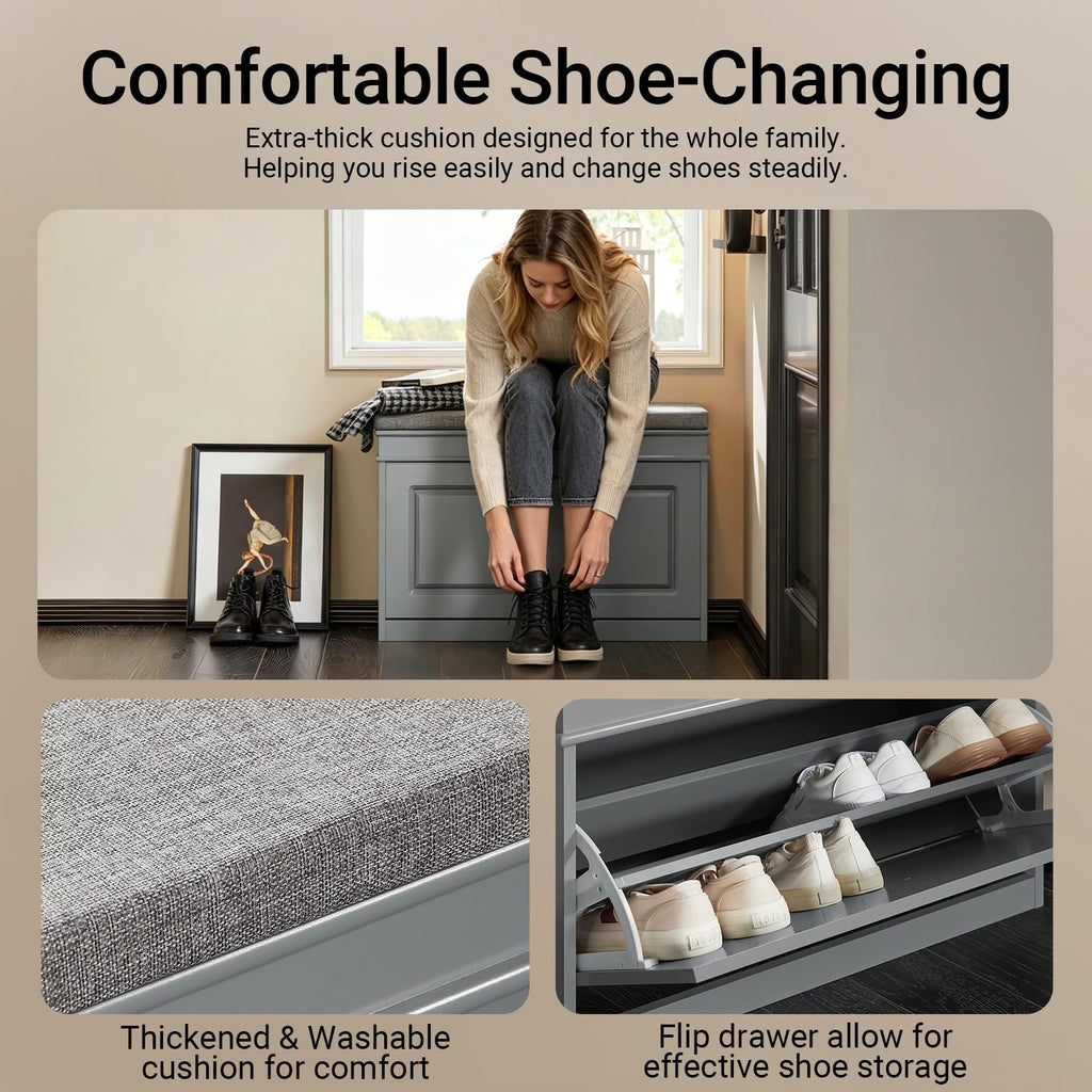 Shoe Storage Bench with Cushion, Grey Narrow Shoe Rack, Small Shoe Cabinet with Flip-Drawer, Closet Hallway Mudroom