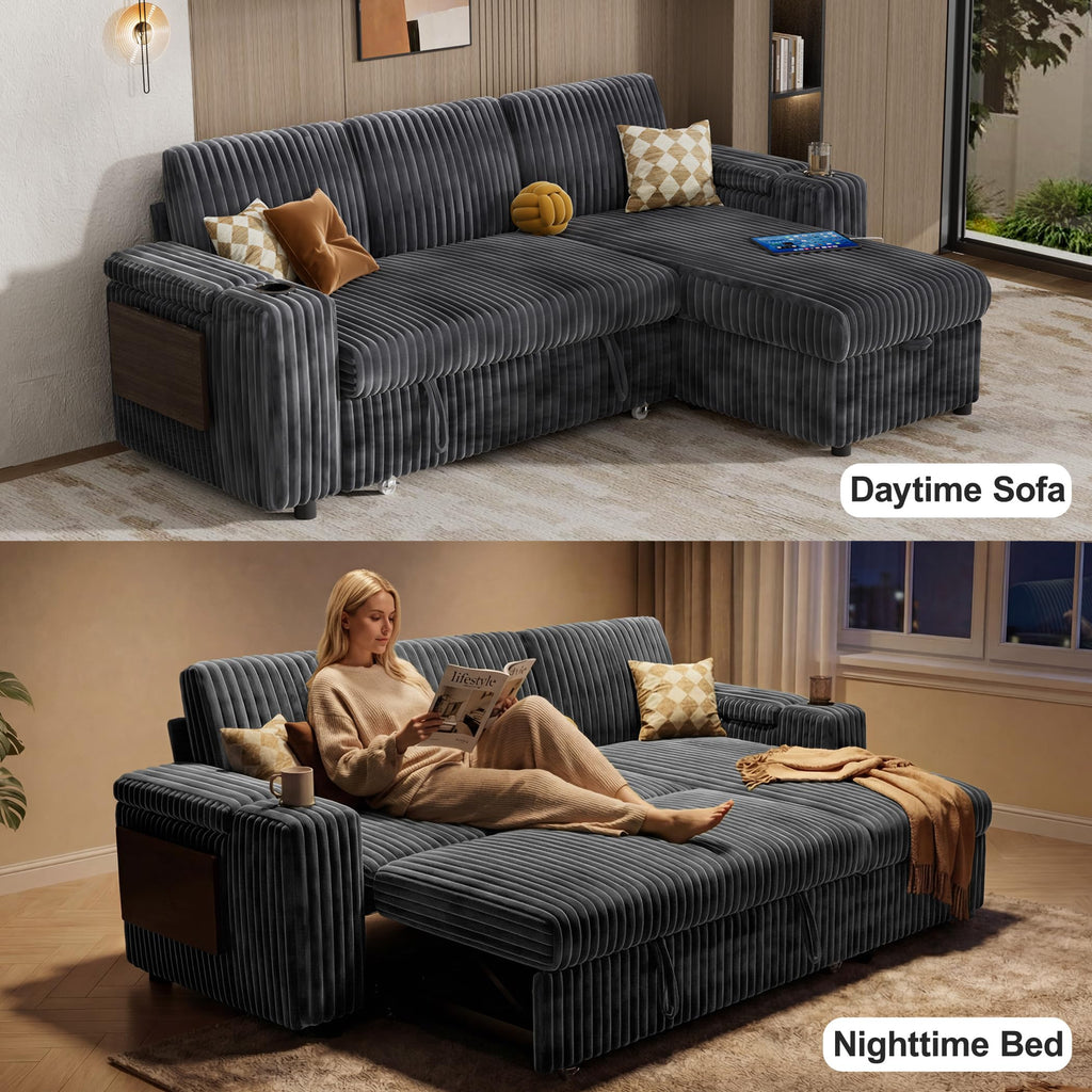 86" Modular Sectional Sleeper Sofa with Pull Out Bed, 3 Seat Plush Corduroy L Shaped Couch with Storage Chaise|USB