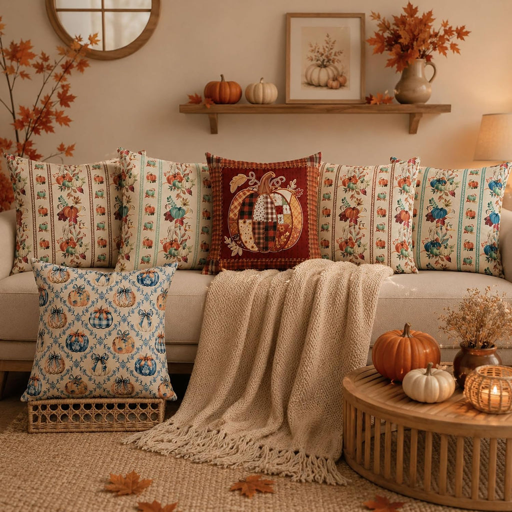 Fall Pillow Covers 18x18 Patchwork Pumpkin Rustic Decor - Set of 2