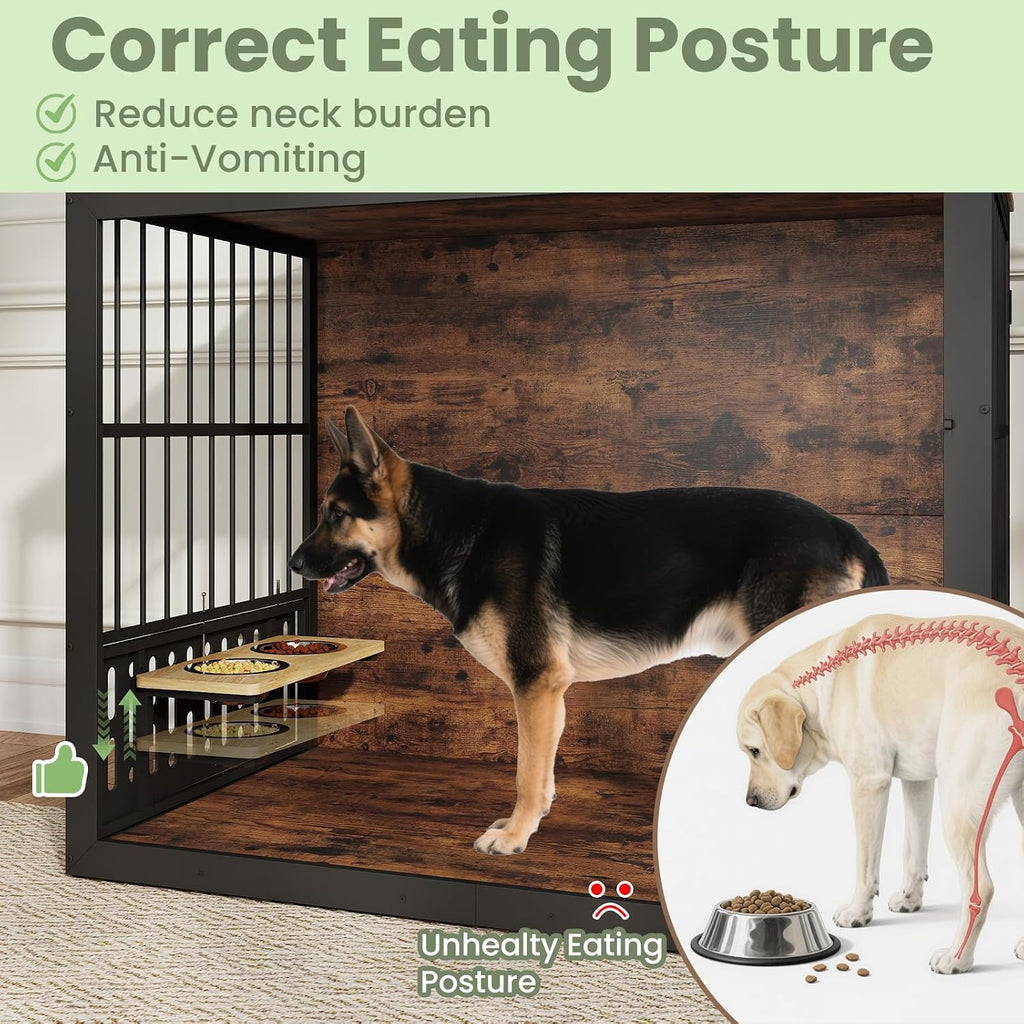 XXL Dog Crate Furniture, Wooden Chewproof Dog Kennel with Interactive Window, 360° Adjustable Bowls (5
