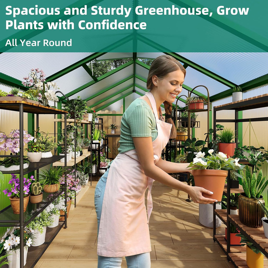 8 x 12ft Polycarbonate Greenhouse for Outdoors - Heavy Duty Aluminum Walk-in Greenhouse with Lockable Door