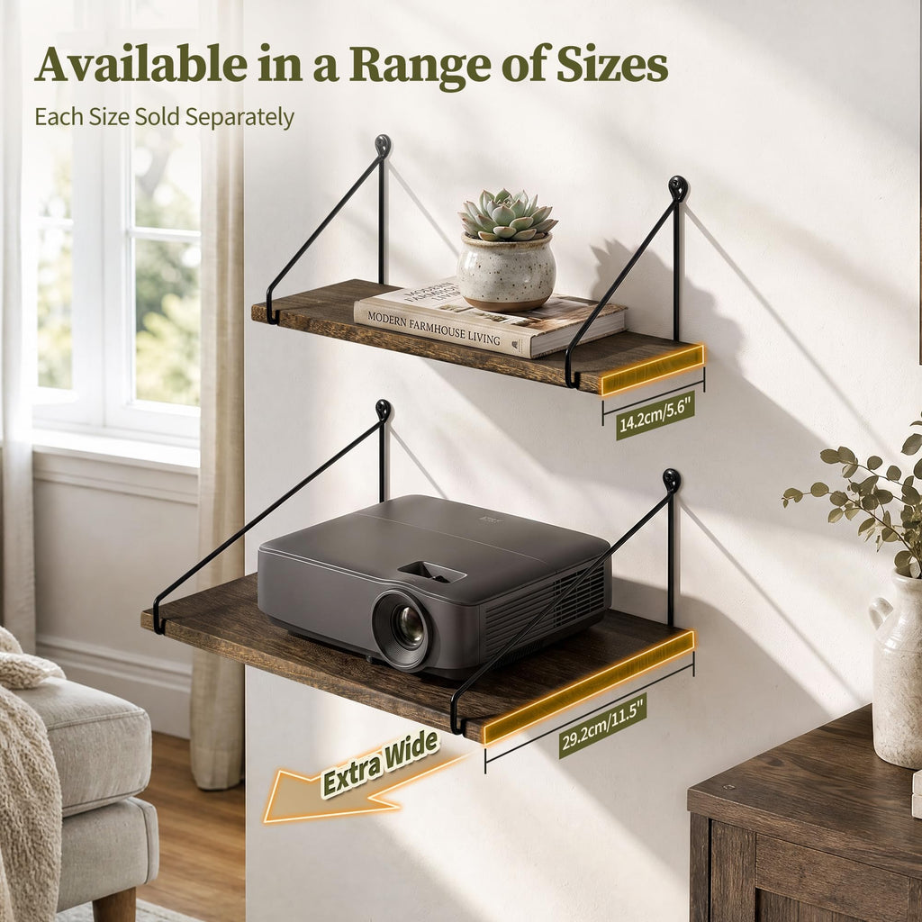 12 inch Deep Floating Shelves for Wall, Wide Shelf, Rustic Dark Brown