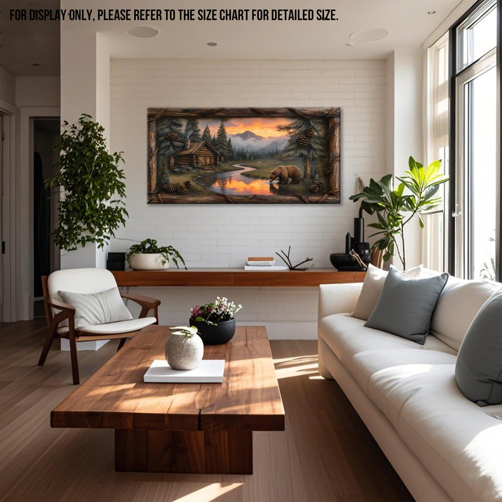 Extra Large Cabin Wall Art, Bear Lake Sunset Canvas Wall Decor with Faux Rustic Border, Mountain Lodge Wildlife