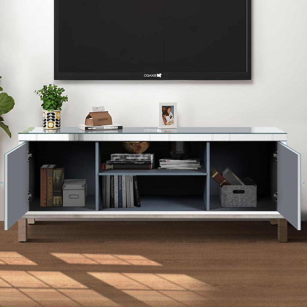 59" Mirrored TV Stand with Open Storage & 2 Storage Cabinets, Luxury Mirror Entertainment Center with Diamond