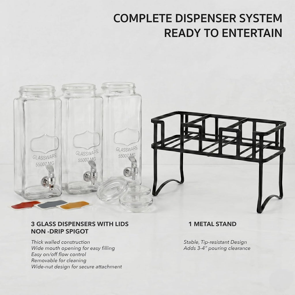 Triple Chalkboard Beverage Dispensers with Metal Stand & Spigot, Glassware for Water, Iced Tea, Punch, Cold Drinks