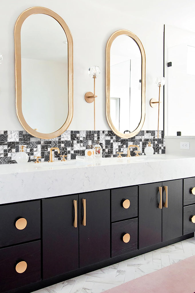 Black & White Glass Tiles Kitchen Bathroom Wall Backsplash Mosaic Versailles Pattern [Set of 5]