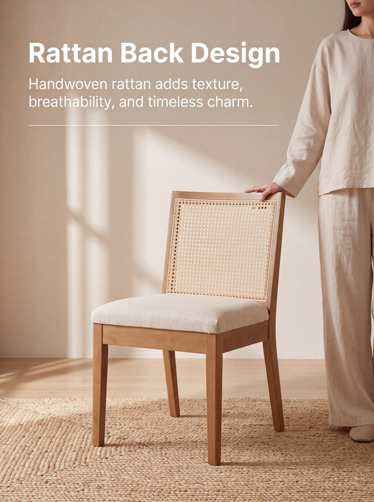 Farmhouse Rattan Dining Chairs Set of 6, Walnut Solid Hardwood Frame, Upholstered Linen Seat, Ergonomic Cane Back