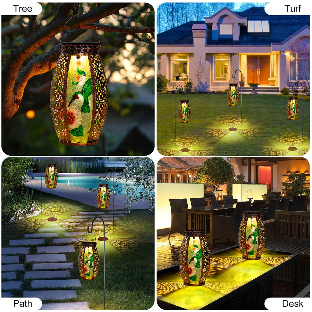 Hummingbird Solar Lantern Outdoor Waterproof, 13" Large Hanging Lantern Decorative, Metal Hummingbird Solar Lights for