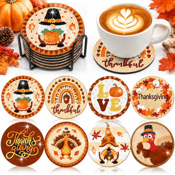 8 Pcs Thanksgiving Fall Diamond Art Coasters with Holder