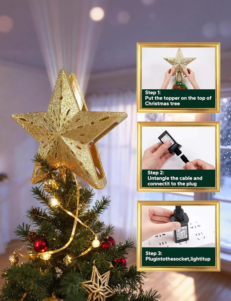 Christmas Tree Topper Lighted Star with Snowflake Projector, Gold