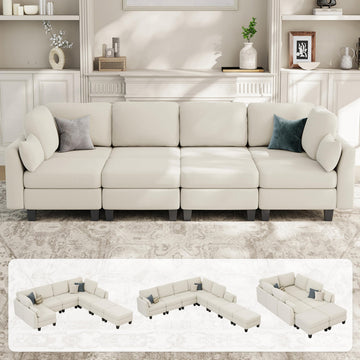 Sectional Sleeper Sofa, 8 Seaters Modular Sleeper Sofa Couch, Beige