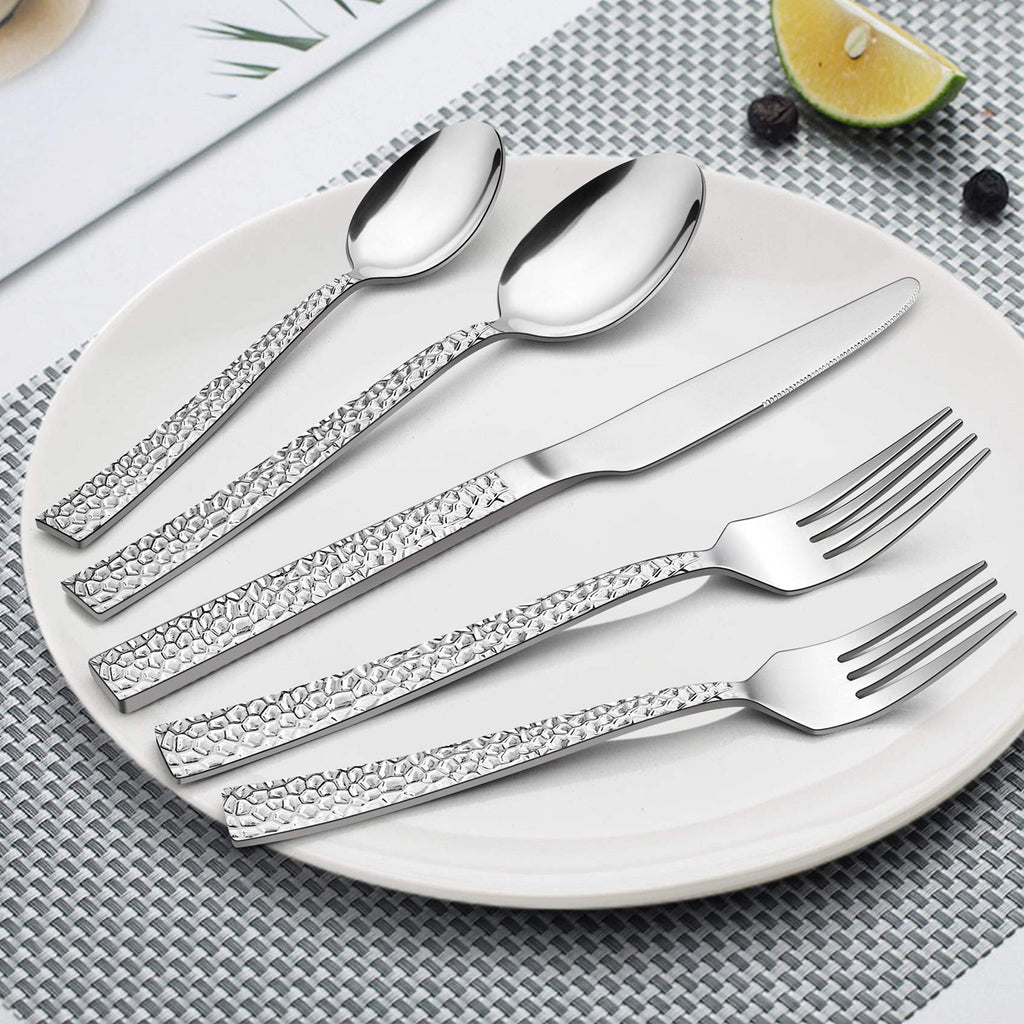 50-Piece Silverware Set for 10, Stainless Steel Flatware Set, Hammered Square Cutlery Eating Utensils Party Wedding