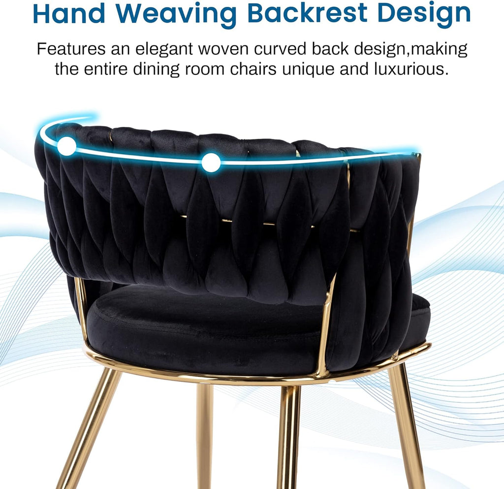 Velvet Dining Chairs Set of 2, Gold Modern Dining Chair with Metal Legs, Woven Upholstered Dining Chairs for Dining