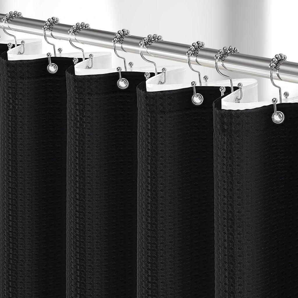3 in 1 Waffle Shower Curtain Set with PEVA Liner 72Wx72H Black | 256GSM Heavy Duty Fabric, Waterproof Clear Liner