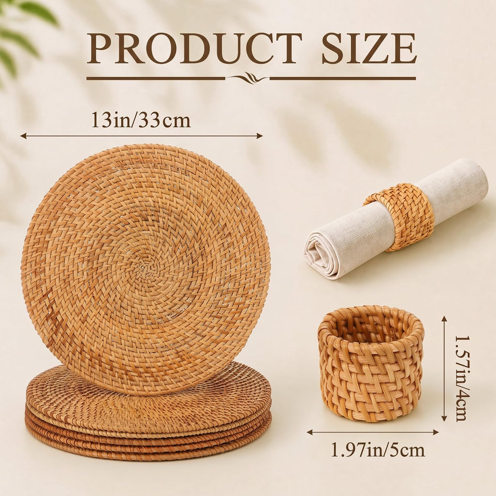 6 Pcs Rattan Charger Placemats with Napkin Rings Set, Brown