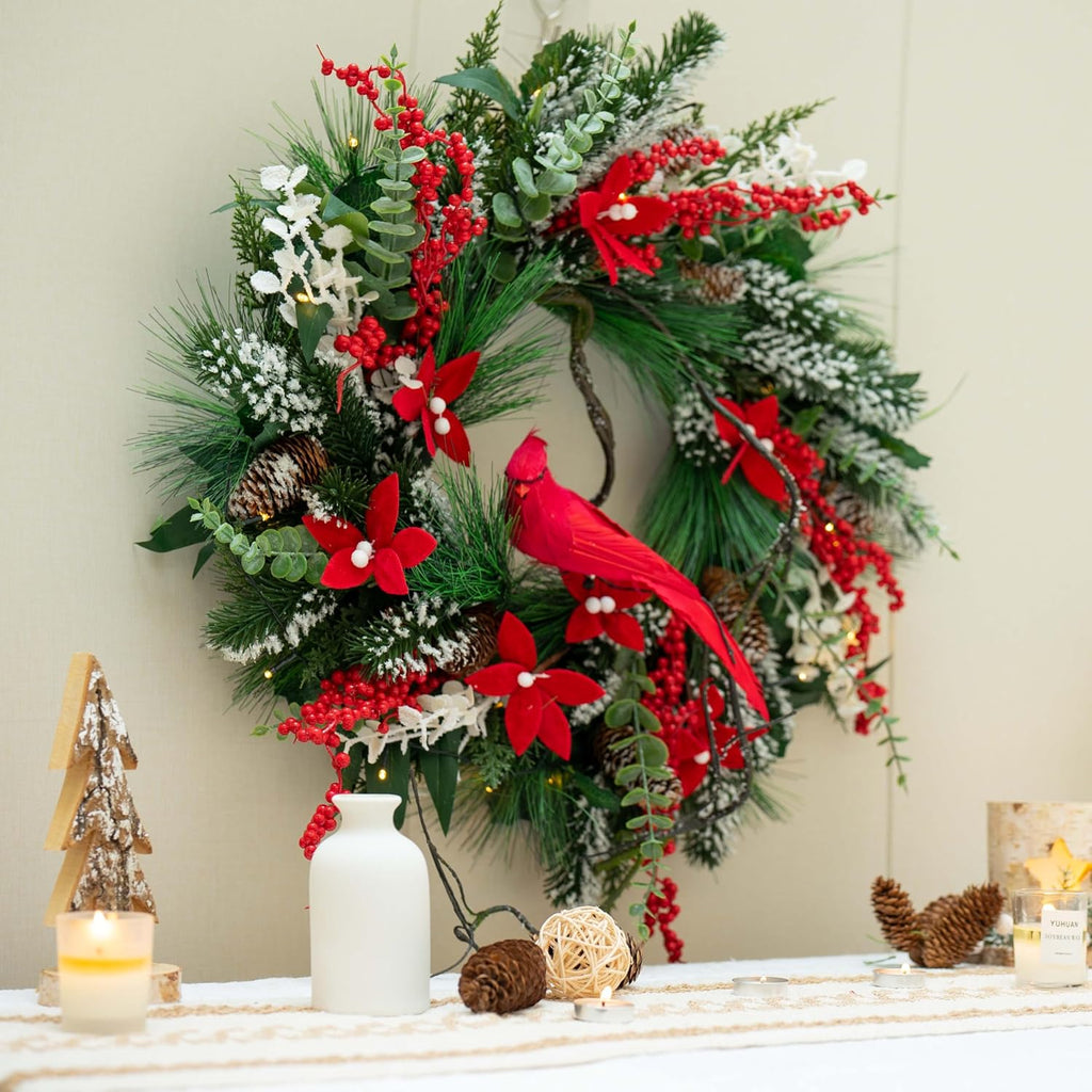 Christmas Wreath with Lights, 24 Inch Lighted Christmas Wreaths for Front Door with Pine Needles and Berries, Large