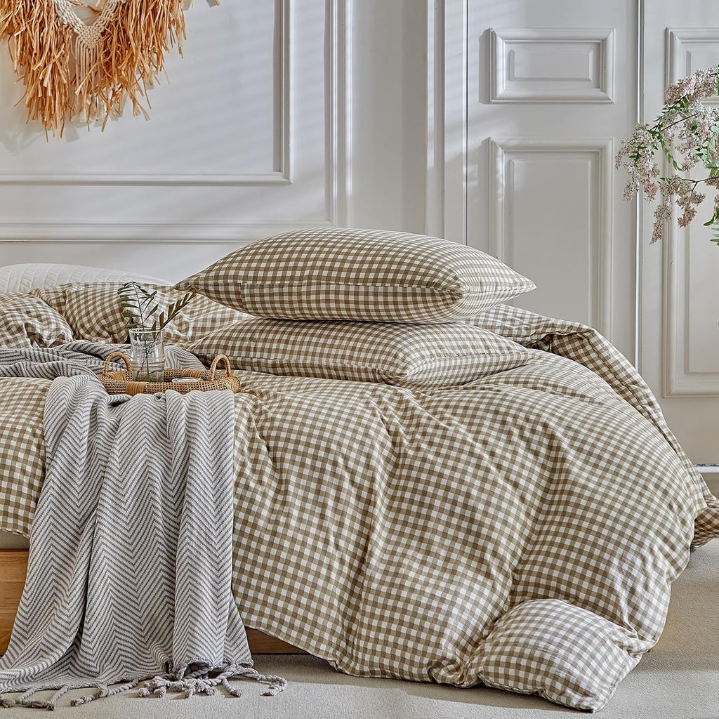 Grid King Duvet Cover Set - Tan Gingham Washed Microfiber Comforter Cover Set, 3 Pieces Plaid Checkered Soft