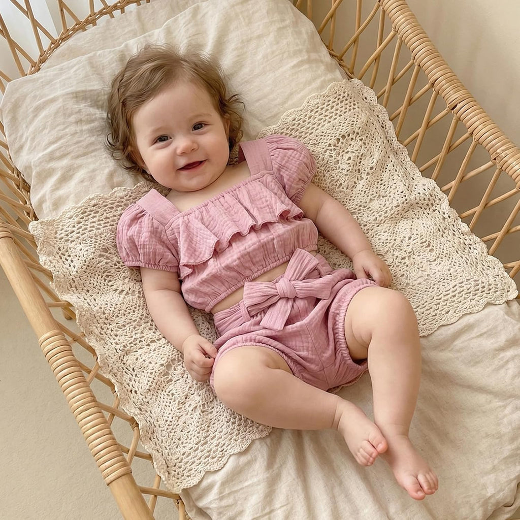 Baby Girl Summer Clothes Toddler Outfit Linen Short Sleeve Ruffle Shirt Crop Top and Belted Shorts 2 Piece Set
