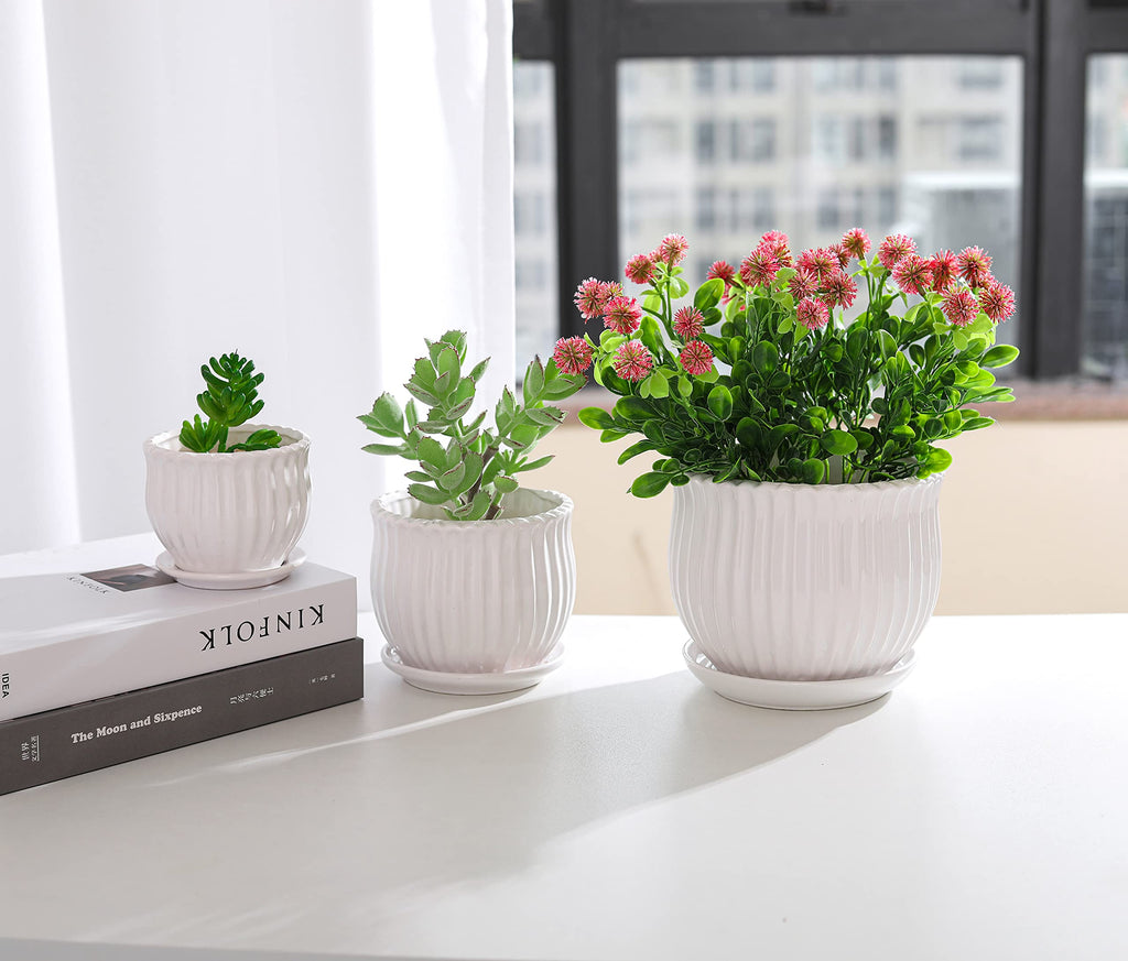 Ceramic Flower Plant Pots with Saucers, Modern Round Ceramic Succulent Planter Pots with White Stripe Texture, Small