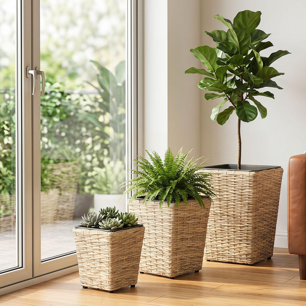 3-Piece Rattan Planter Box Kit, Wicker Planters with Removable Plastic Liners for Indoor & Outdoor Plants