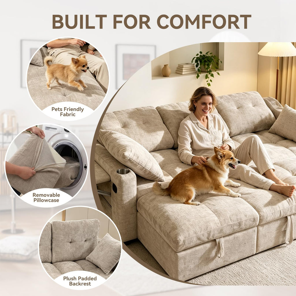 82" Sleeper Sectional Sofa, Comfy Convertible Sofa Bed with Pull Out Couches, Chenille L Shaped Couch with Reversible
