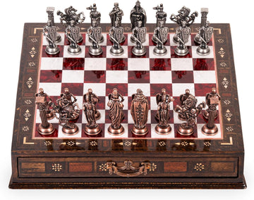 15-Inch Handmade Wooden Chess Set, Metal Pieces & Storage, Red
