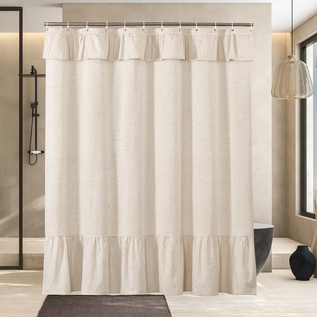 Farmhouse with Ruffle Linen Beige Shower Curtains Boho Rustic Country Natural Fabric Cloth Bath Decoration, 72 x 72