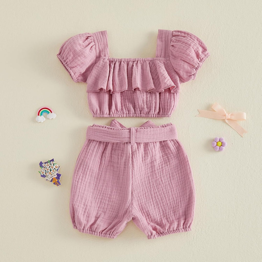 Baby Girl Summer Clothes Toddler Outfit Linen Short Sleeve Ruffle Shirt Crop Top and Belted Shorts 2 Piece Set