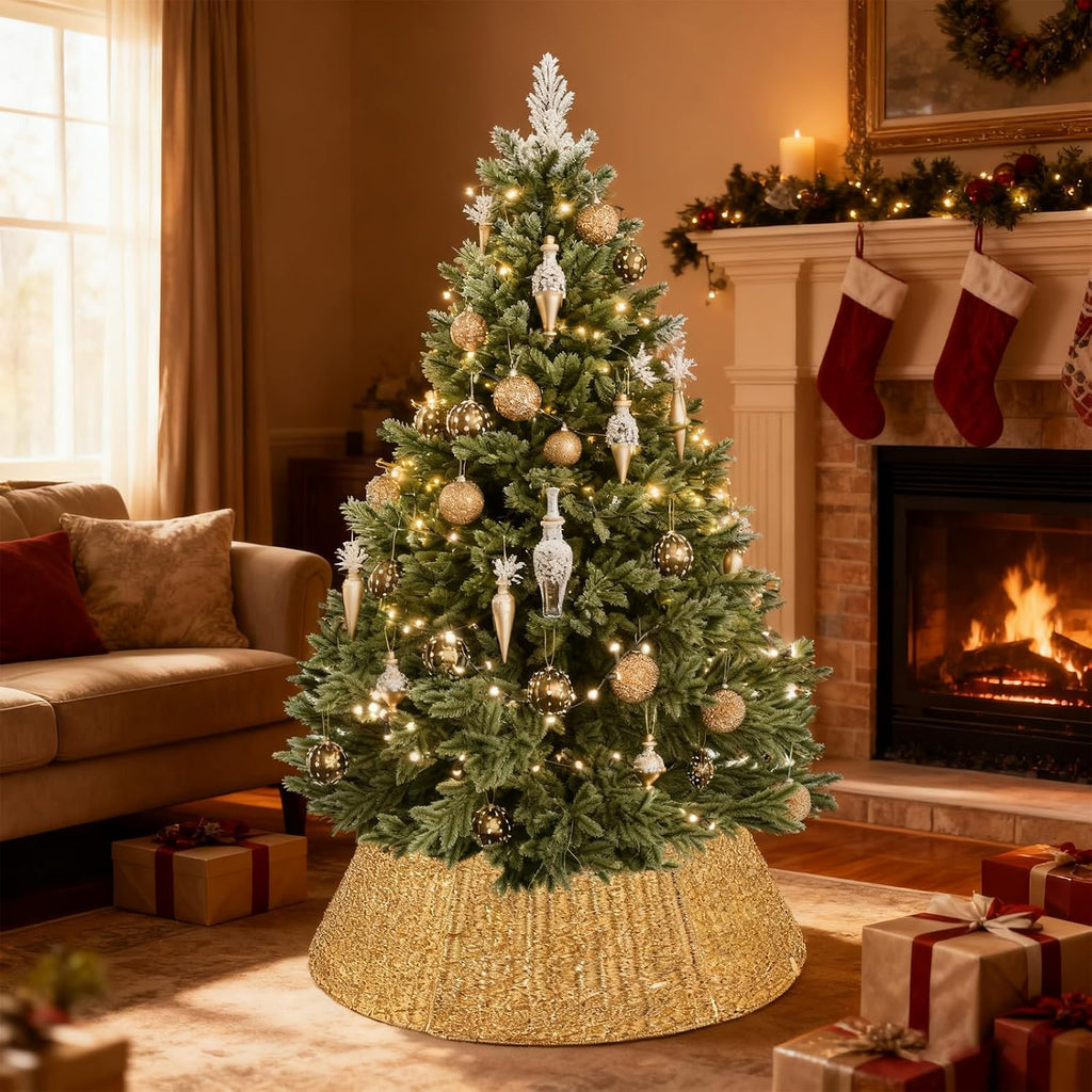 33 Inch Christmas Tree Collar, Gold Woven Xmas Tree Skirt for Artificial Trees, Tree Base Cover with Cord Cut-Out