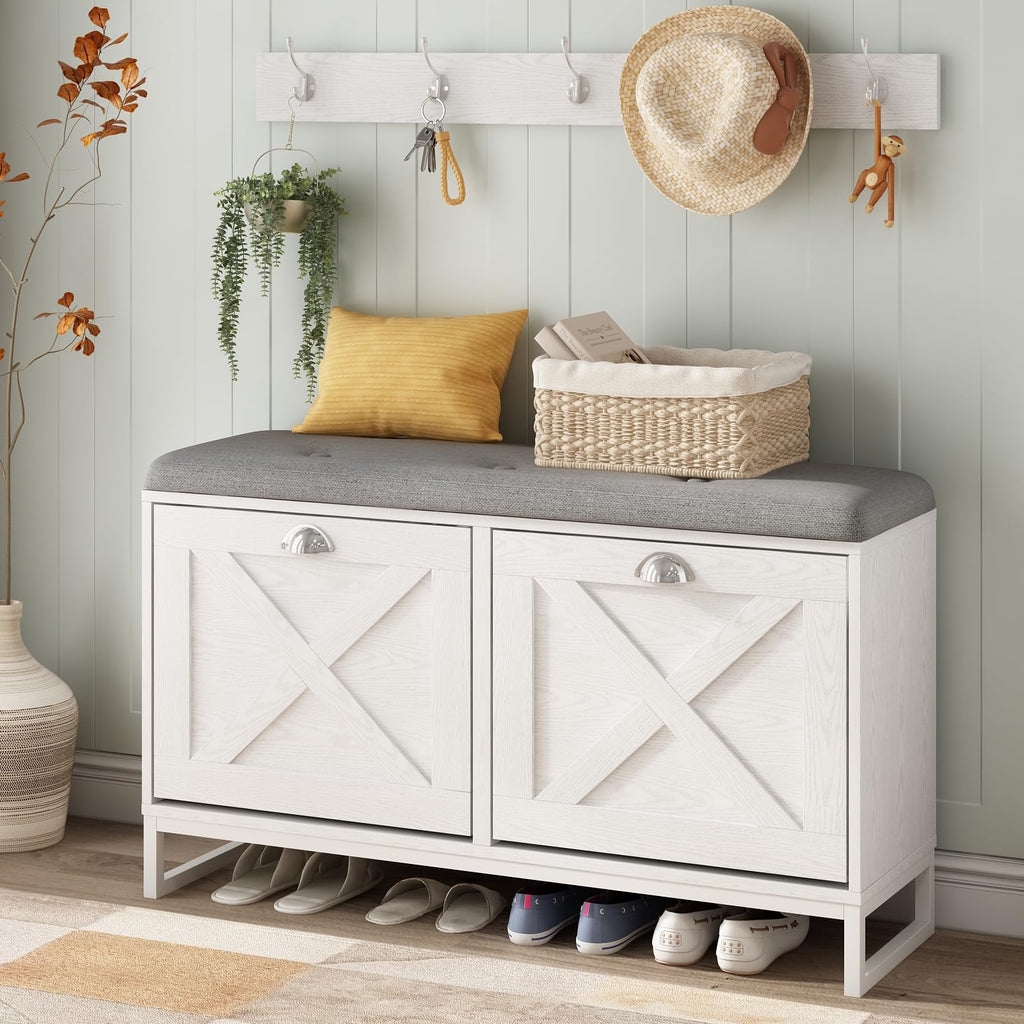 Shoe Cabinet with 2 Flip Drawers & Coat Rack, Shoe Storage Bench with Seat Cushion, 5 Large Sturdy Metal Hooks