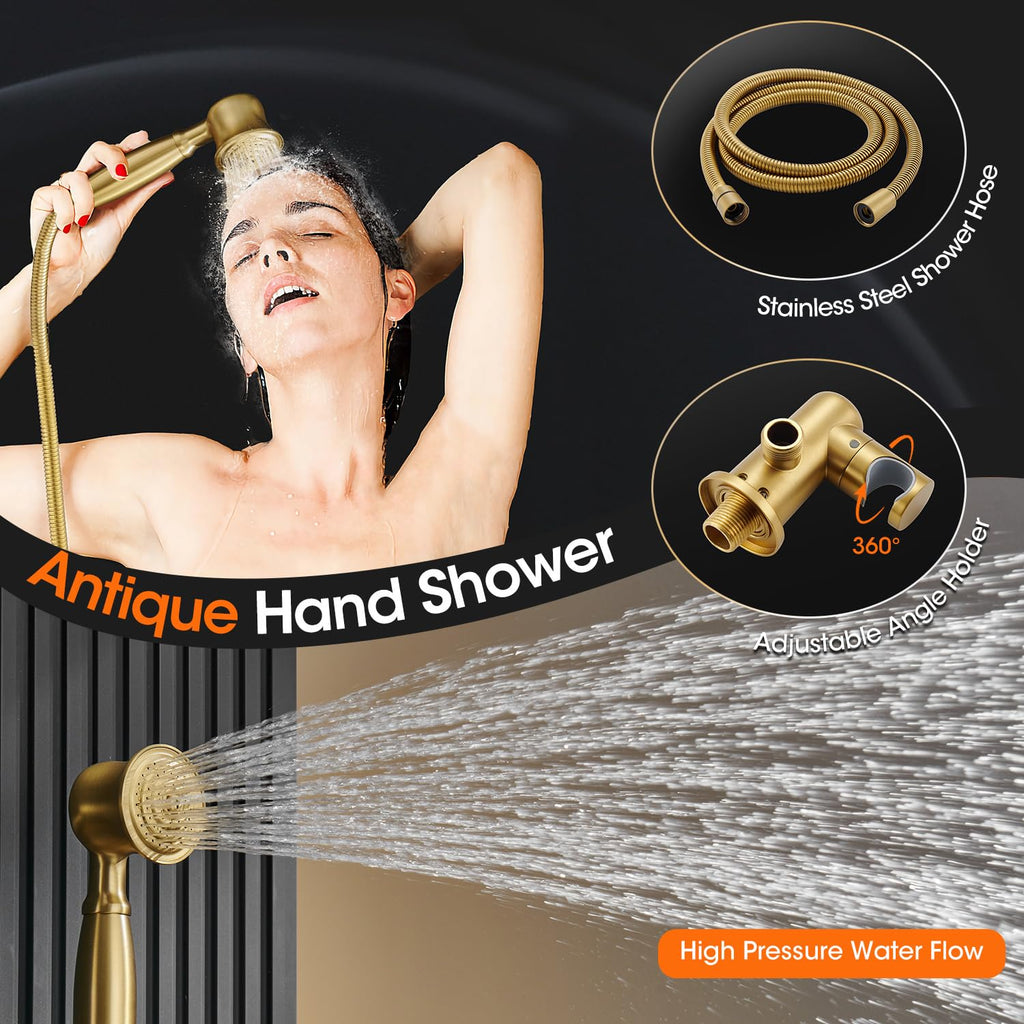 Rainfall Shower System Shower Faucet Set, Luxury, Antique, Brushed Gold