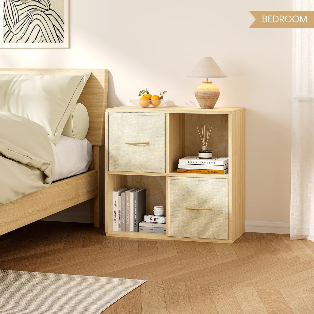 4 Cube Storage Organizer - Solid Wood Bookshelf with 2 Storage Bins, Cube Shelf with 2 Removable Back Panels