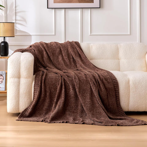 Chunky Chenille Knit Throw Blanket, Soft and Warm Lightweight Jersey, 50"×60", Brown