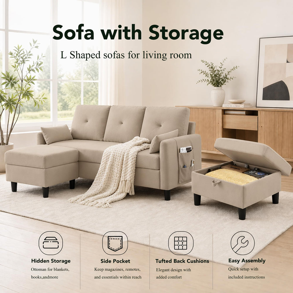 77" Small L Shaped Sectional Sofa Couches, Beige