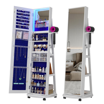 360° Swivel Jewelry Armoire with Mirror, LED Mirror Jewelry Cabinet Standing, Full Length Mirror with Jewelry