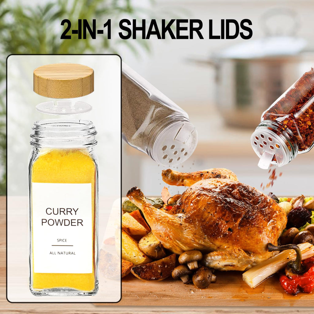 Glass Spice Jars with 398 Labels, 24 pcs 4oz Spice Containers with Bamboo Lids, Square Spice Bottles With Shaker
