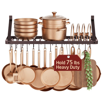 75lb High-Capacity Oil Bronze Pot Rack Wall Mounted with Pot Lid Holder