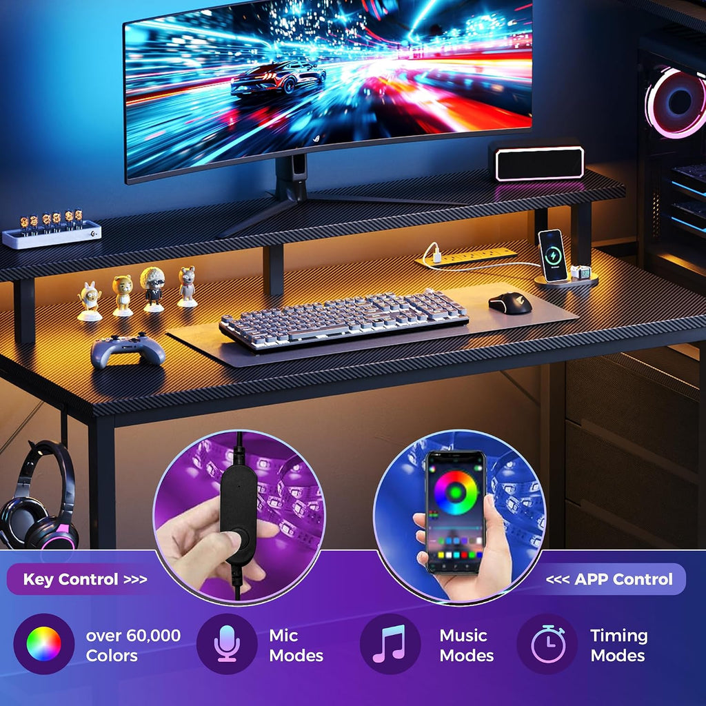 52" Reversible Gaming Desk with LED Lights Power Outlets, Black | Computer Desk with Drawers Can be Used to Store