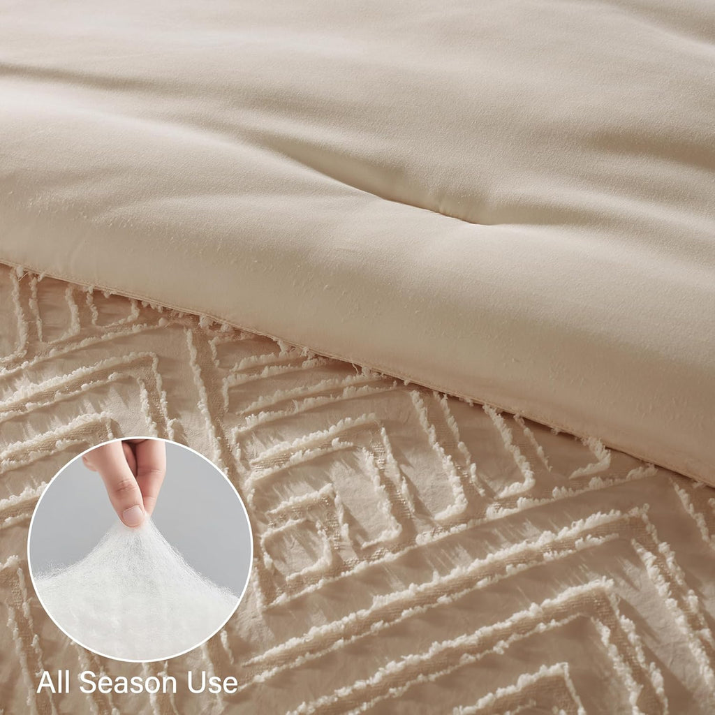 Queen Comforter Set 7 Pieces, Beige Bed in a Bag Queen, Tufted Boho Bedding Set with 1 Comforter, 2 Pillow Shams