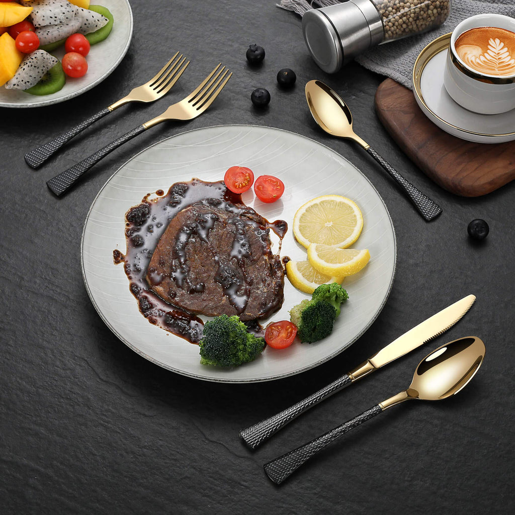 Hammered Black Gold Silverware Set,30 Piece Modern Flatware Set Service for 6,Mirror Polished Stainless Steel Cutlery