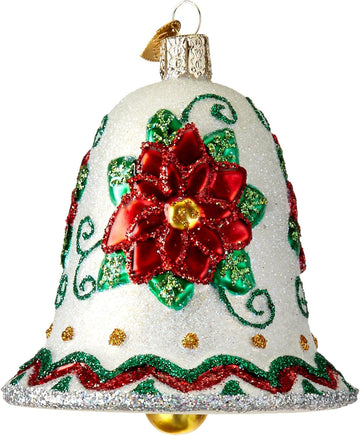 Poinsettia Bell Glass Blown Ornament, Handcrafted Holiday Decoration, Bell Collection