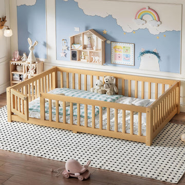 Montessori Floor Bed Frame with Slats and Fence for Kids, Natural