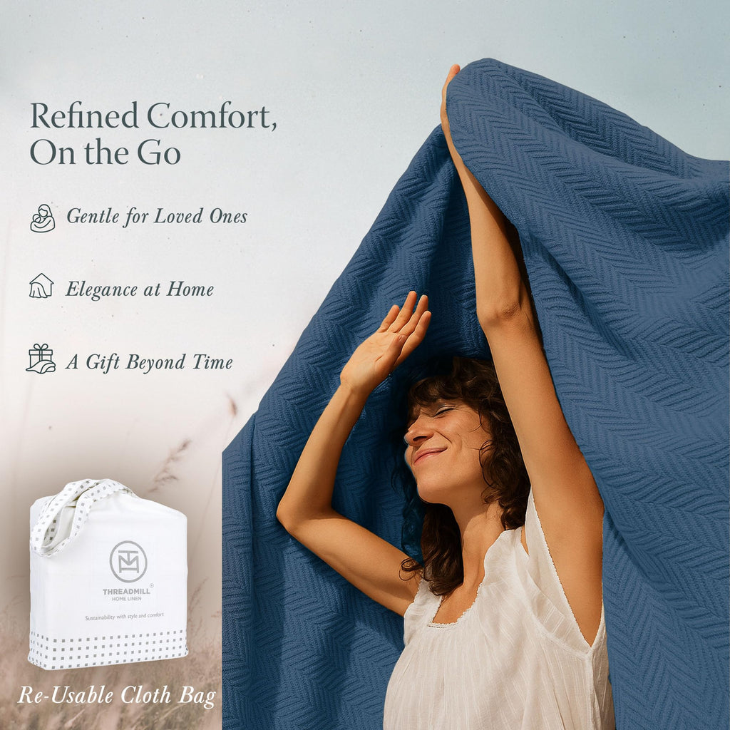 Luxury 100% Cotton Herringbone Blanket, Folkstone Blue