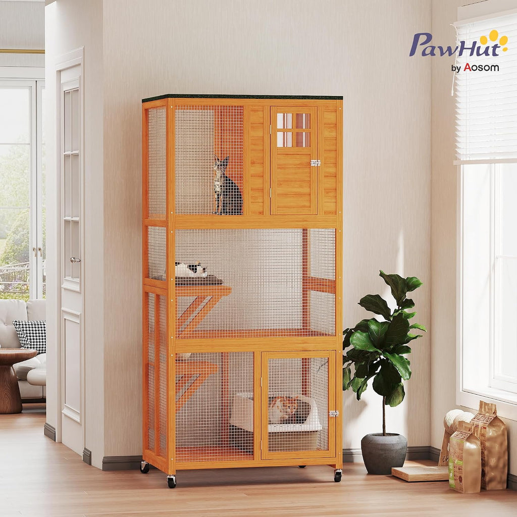 74" Wooden Catio Outdoor Cat Enclosure Weatherproof & Wheeled, Outside Cat House with High Weight Capacity, Kitten