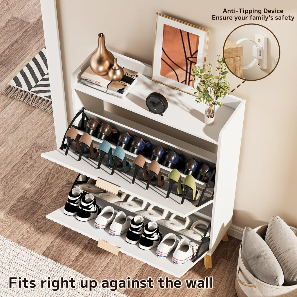 Slim Shoe Storage Cabinet, 2 Flip Drawers Wood Shoe Organizer with Fluted Panel, Secure Fence Top for Plants &
