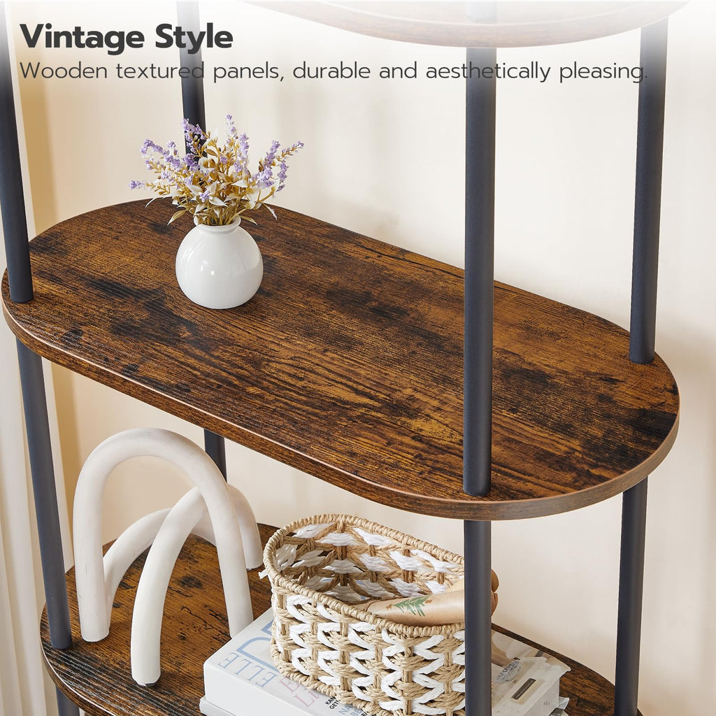 5 Tier Open Bookshelf, Industrial Arched Bookcase Display Shelf Rack, Wooden Bookcase Storage Shelf Metal Frame, Tall
