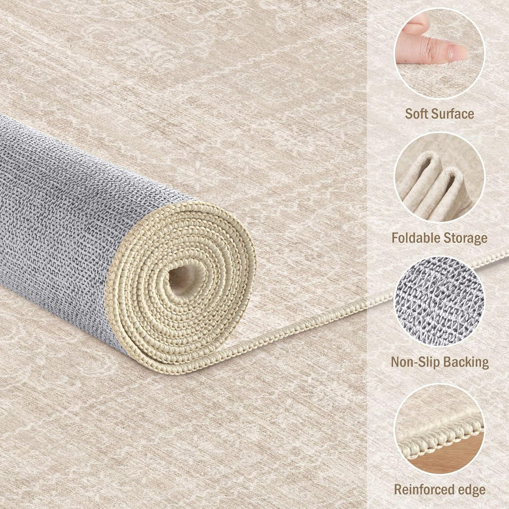 8ft Round Rug Living Room: Washable Large Vintage Neutral Area Rug Non-Slip Soft Stain Resistant Ind