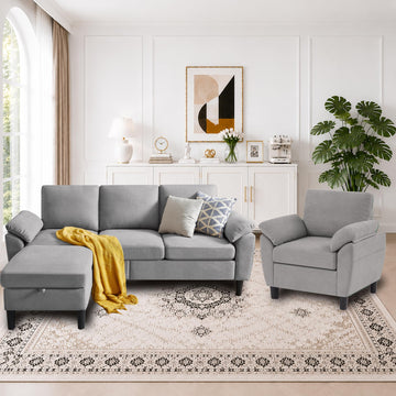 Convertible Sectional Sofa Set, 79" Modern L Shaped Couch, Linen Upholstered 3 Seat Sofa and 35" Accent Chair